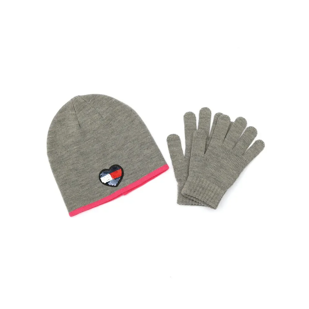 Tommy Hilfiger Big Girls Sequin Flag Heart Beanie and Glove Set, 2 Piece - Medi